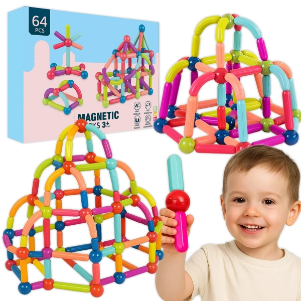 Klocki magnetyczne Magnetic Sticks 64 – magnetyczne klocki konstrukcyjne 3D dla dzieci Klocki Magnetyczne Konstrukcyjne